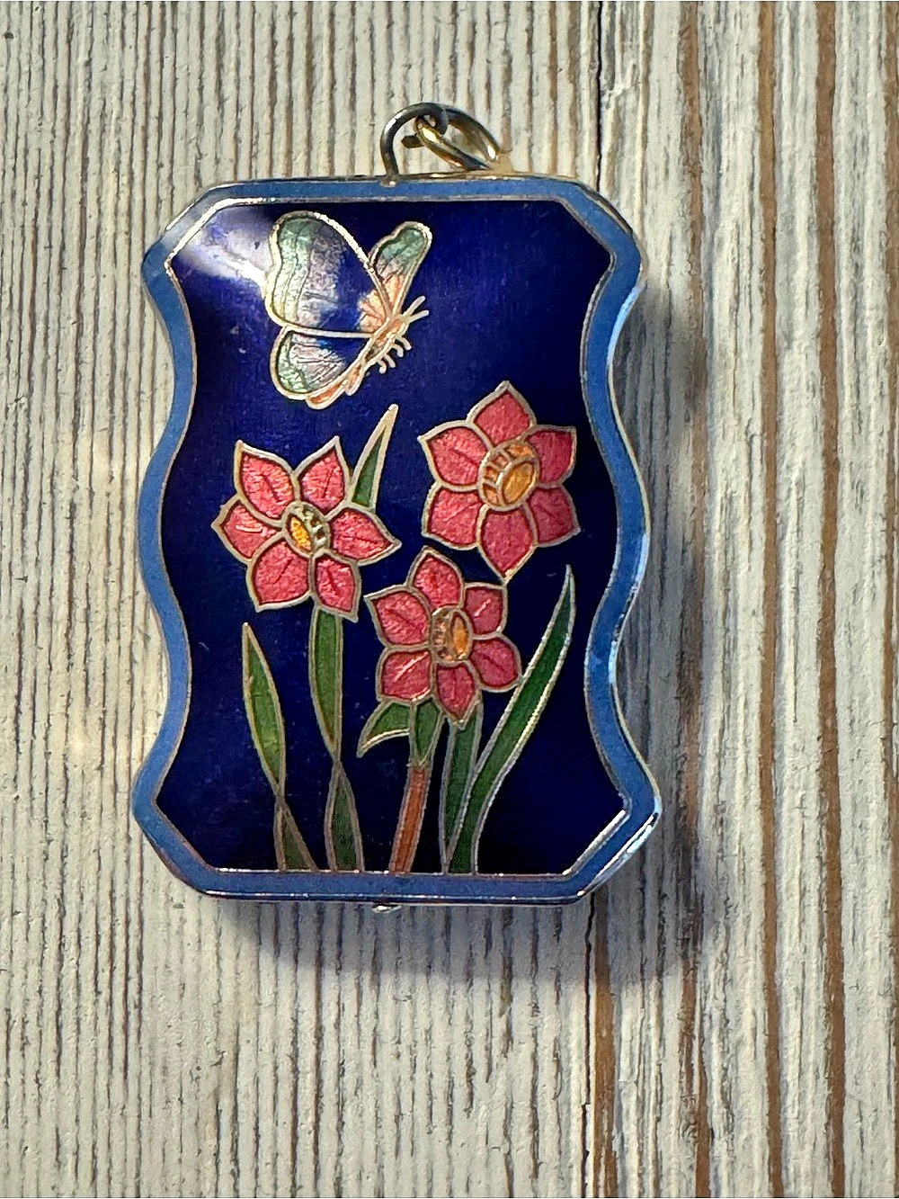 Floral Enamel Cloisonné Brooch in Blue & Red Butterfly design